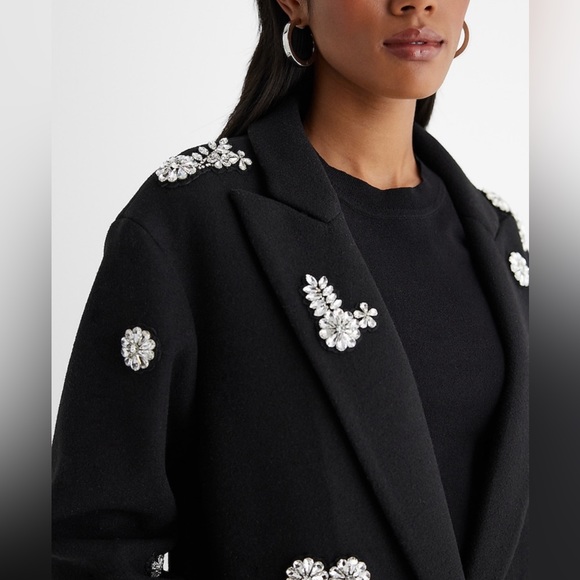 Faux Wool One Button Rhinestone Embellished Coat - Picture 5 of 16
